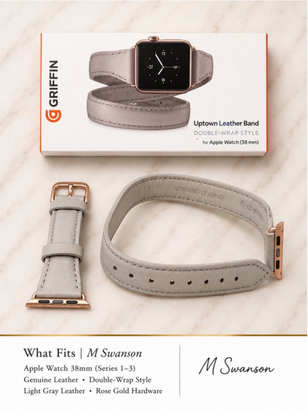Griffin Uptown Double Wrap Leather Band Apple Watch 38mm Light Gray